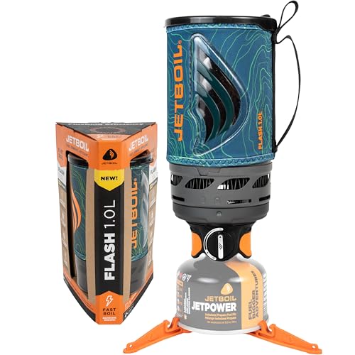 Jetboil Flash 1.0L Portable Fast Boil Stove for Camping and Backpacking with 1-Step Auto Ignition, New for 2025, Propane/Isobutane Burner with Cooking Cup, Ocean Topo - Image 1
