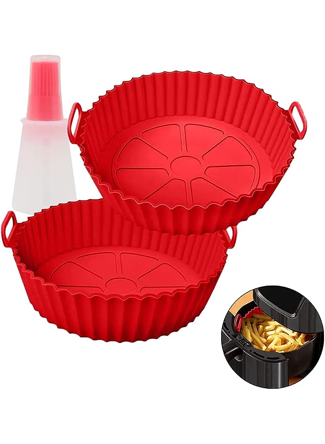 PROMASS Air Fryer Silicone Pot, Silicone Liners Food Safe Non Stick Air fryers Basket Oven Accessories, Reusable Fits 3QT - 5QT Air Fryer 2 pieces With Oil brush bottle (Red Red) - Image 1