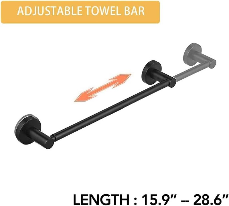 BESy Adjustable 15 to 26 Inch Single Bath Towel Bar Rack for Bathroom Accessories SUS304 Stainless Steel Towel Holder, Wall Mount with Screws Hand Towel Bar Rod Hotel Style, Matte Black - Image 2
