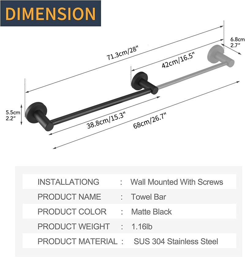 BESy Adjustable 15 to 26 Inch Single Bath Towel Bar Rack for Bathroom Accessories SUS304 Stainless Steel Towel Holder, Wall Mount with Screws Hand Towel Bar Rod Hotel Style, Matte Black - Image 4