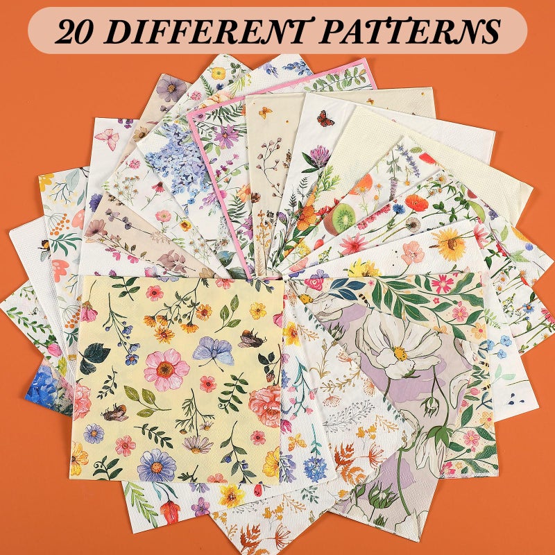ForraFun 20 Pack Assorted Floral Napkins for Decoupage Wildflower Decorative Paper Napkins for Decoupage, Floral Cocktail Napkin 6.5'' for DIY Wedding Birthday Gift Party Baby Shower, 20 Styles - Image 5