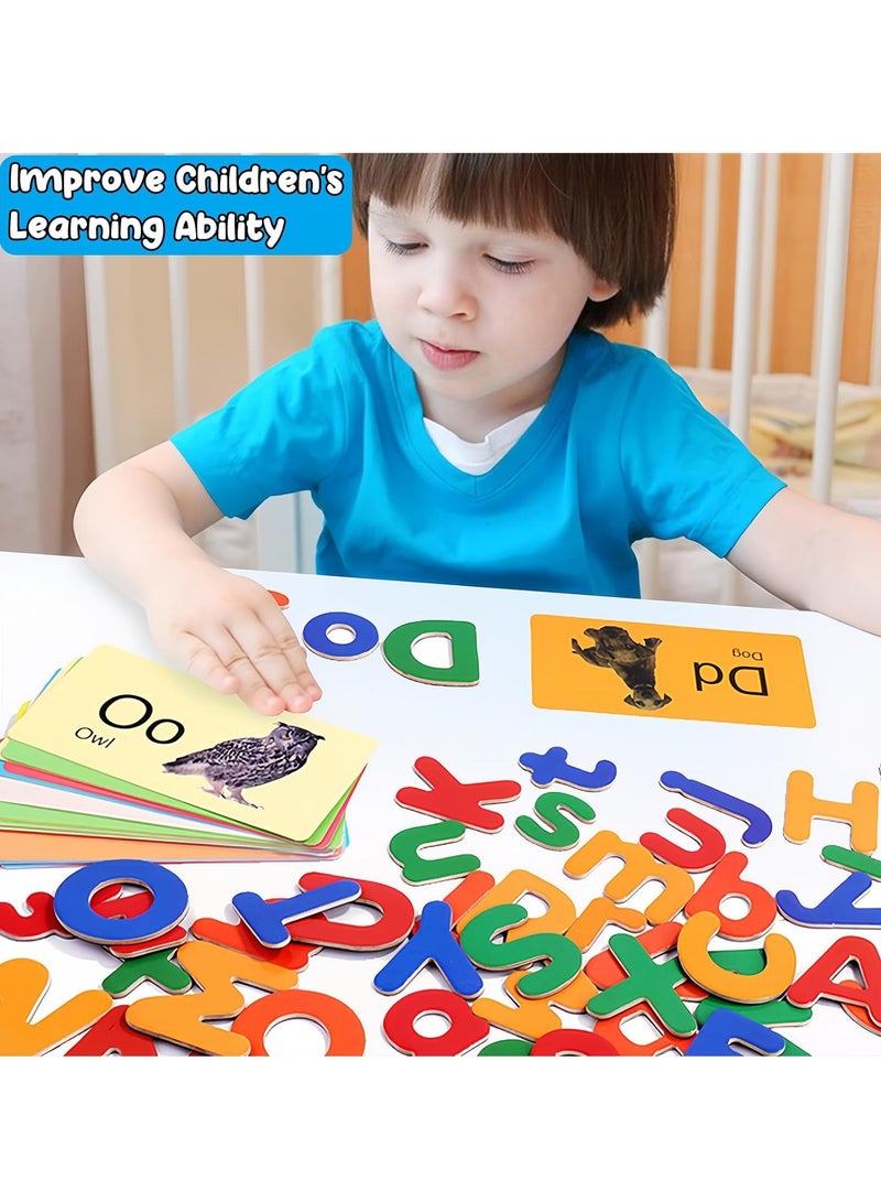 Magnetic Alphabet Letters Set with 26 Uppercase 26 Lowercase Letters 26 Animal Alphabet Cards, ABC Alphabet Fridge Draw Board Magnets Educational Letter Spelling Learning Cards for Toddlers