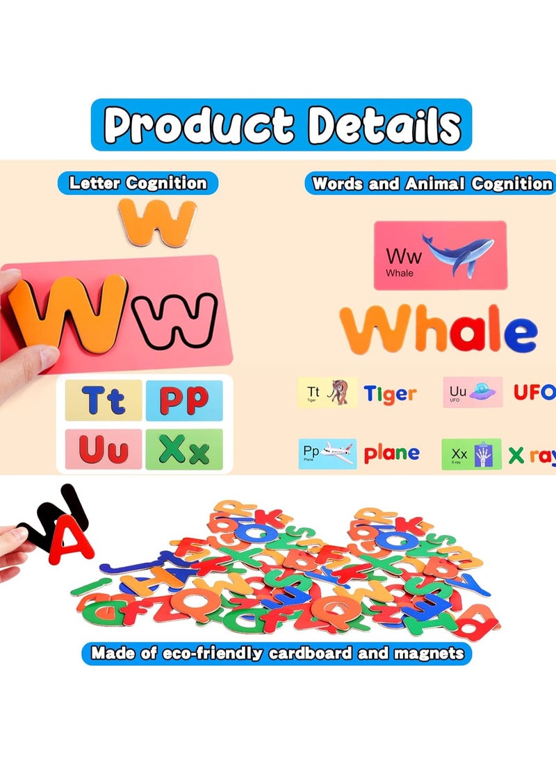 Magnetic Alphabet Letters Set with 26 Uppercase 26 Lowercase Letters 26 Animal Alphabet Cards, ABC Alphabet Fridge Draw Board Magnets Educational Letter Spelling Learning Cards for Toddlers