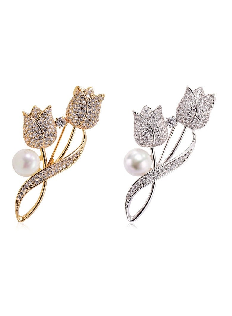 2 PCS Ladies' tulip brooch, multicolored rhinestone crystal enamel girl jewelry gift(gold, silver)  - Image 1