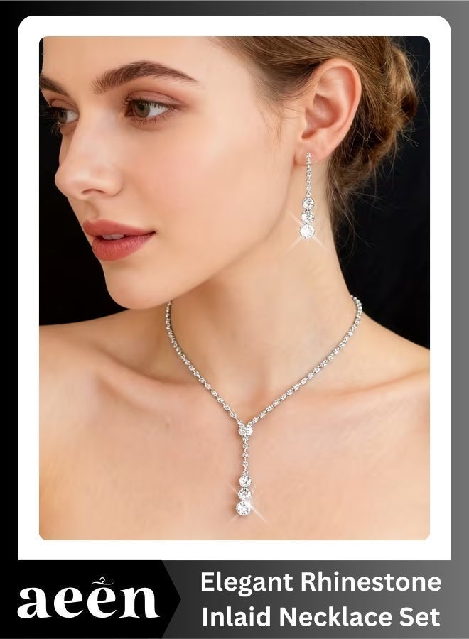 aeen Elegant Rhinestone Inlaid Necklace & Earrings Set for Women | Simple Luxury Jewelry Set for Wedding, Gift for Mother, Daughter, Wife, Teens & Friends - Image 1
