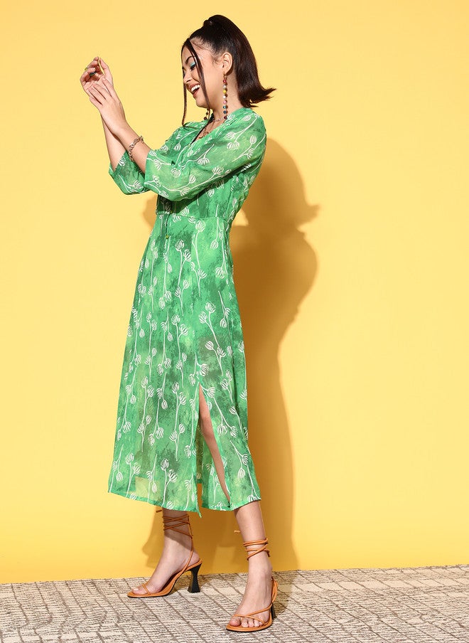 PlusS Elegant Green Floral Print Midi Dress for Women - Image 3