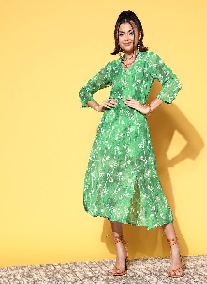 PlusS Elegant Green Floral Print Midi Dress for Women - Image 1