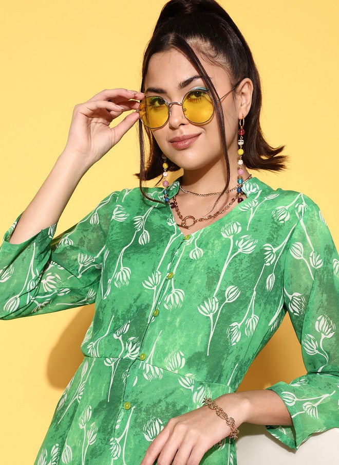 PlusS Elegant Green Floral Print Midi Dress for Women - Image 4