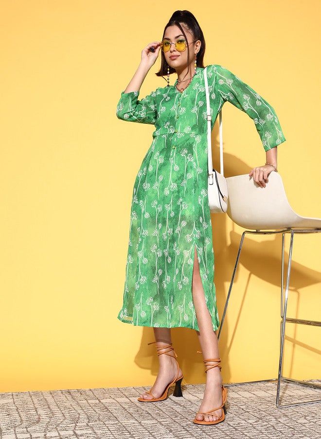 PlusS Elegant Green Floral Print Midi Dress for Women - Image 2