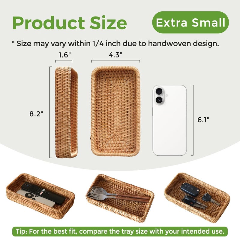 S310 Small Rattan Serving Tray, Natural Wicker Decorative Tray Handwoven for Keys Trinkets Rings Cosmetics, Decorative Jewelry Perfume Tray for Coffee Table Entryway Living Room(8.2" × 4.3") - Image 2