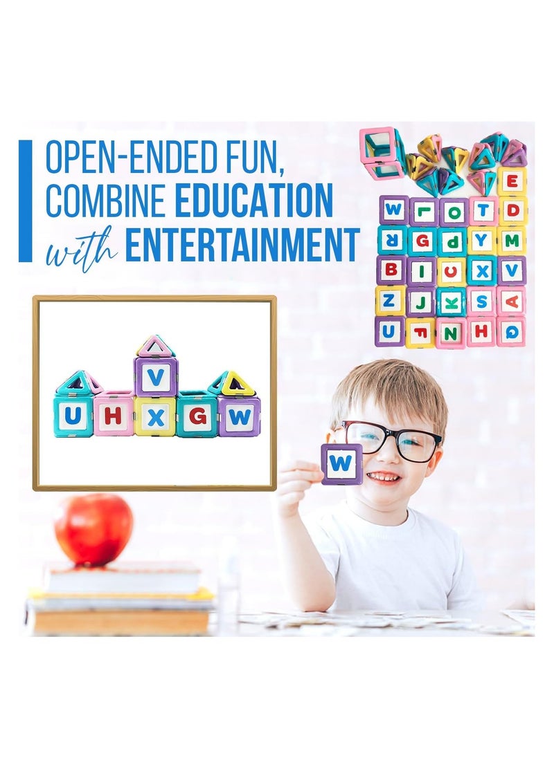 HOPHOP - PICCASIO 100Pcs Magnetic Building Tiles Set, Strong 3D Magnet Blocks for Kids, Educational STEM Toy, Inspire Creativity and Imagination (26 PCS Alphabets & 74 PCS Magentic Tiles) - Image 1