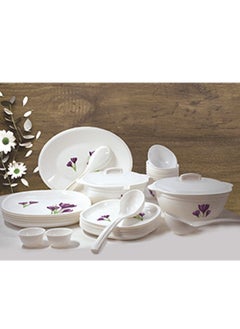 34-Pieces Dinner Set- Tulip Violet Flower- Full Plate , Quarter Plate, Small Bowl, Rice Tray, Serving Bowl, Serving Bowl, Serving Spoon, Rice Serving Spoon and Chutney Bowl- White