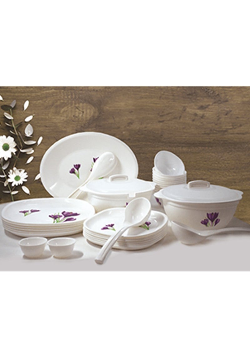 JAYPEE - 34-Pieces Dinner Set- Tulip Violet Flower- Full Plate , Quarter Plate, Small Bowl, Rice Tray, Serving Bowl, Serving Bowl, Serving Spoon, Rice Serving Spoon and Chutney Bowl- White - Image 1