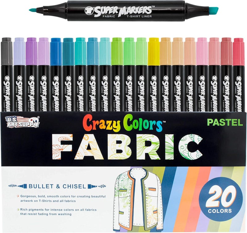 US Art Supply Super Markers 20 Pastel Dual Tip Fabric Markers - Fine & Chisel Point Pens Fabric Marker Permanent for Clothes, T-Shirts - Permanent Ink Eye-Catching Pastel Colors - Image 1