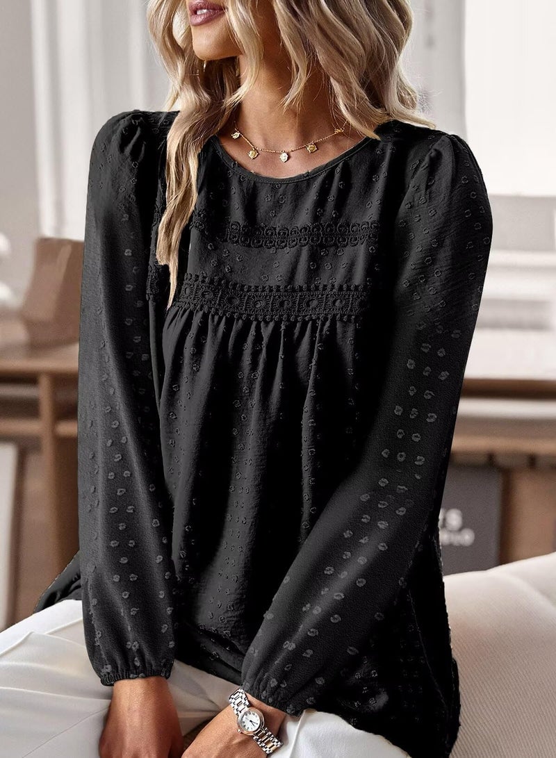 Falechay Spring Womens Tops Dressy Casual Crewneck Womens Lace Crochet Tunic Tops Long Sleeve Long Sleeve Shirts Black Blouses for Women Plus Size XL - Image 2