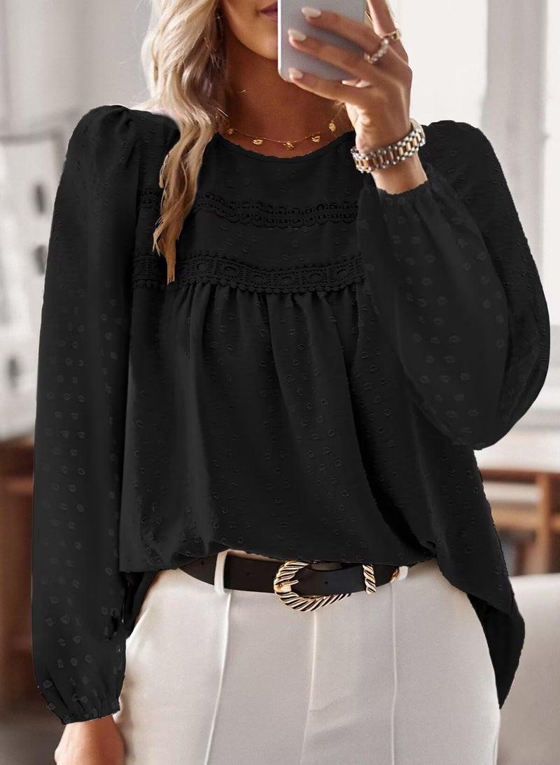 Falechay Spring Womens Tops Dressy Casual Crewneck Womens Lace Crochet Tunic Tops Long Sleeve Long Sleeve Shirts Black Blouses for Women Plus Size XL - Image 4