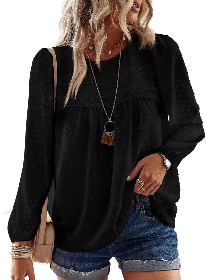 Falechay Spring Womens Tops Dressy Casual Crewneck Womens Lace Crochet Tunic Tops Long Sleeve Long Sleeve Shirts Black Blouses for Women Plus Size XL - Image 1