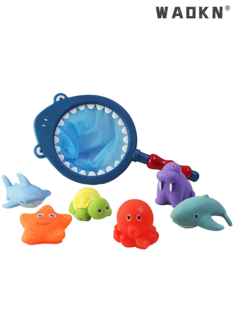 WAOKN 7Pcs Baby Bath Toys, Bathroom Pool Accessory,Fishing Floating Animals Squirts Toys Games Playing Set with Fishing Net, Sounds, Color Changing Toddler Bathtub Toys ,Colorful Children's Water Toys Set, Baby Bath Toys, Enabling Boys & Girls to Enjoy Joyful Moments in the Swimming Pool  - Image 1