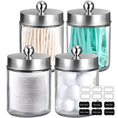 Amolliar 4Pc Apothecary Jars Bathroom Vanity Storage Organizer Set -Countertop Canister with Stainless Steel Lids &Stickers - Qtip Dispenser Holder for Qtip,Cotton Swab,Makeup Sponge (Brushed Nickel) - Image 1