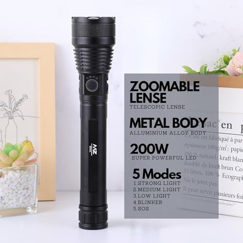MZ M982 (Rechargeable LED Metal Torch) Zoomable 5 Modes Flashlight, Super Bright 200 W LED Light with 2400mAh Battery - Image 2