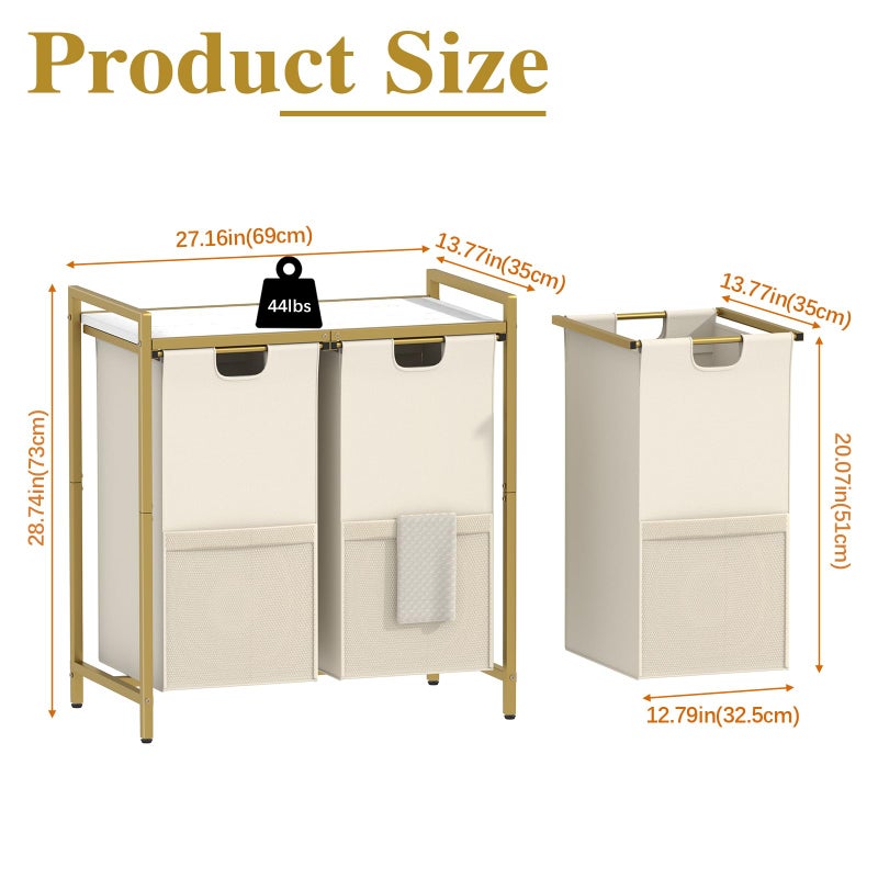 Huhote Laundry Hamper, double Laundry Basket, Laundry Sorter with Top Shelf & 2 Removable Washable Bags & Side Pockets for Laundry Room organization, Bathroom and Dorm, Gold and White - Image 2