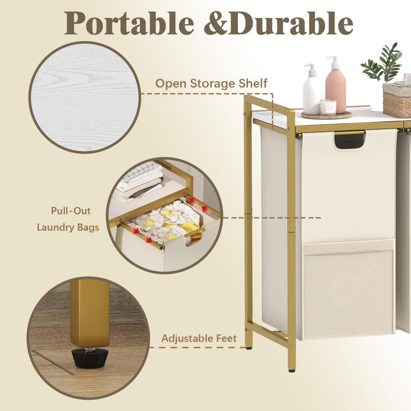 Huhote Laundry Hamper, double Laundry Basket, Laundry Sorter with Top Shelf & 2 Removable Washable Bags & Side Pockets for Laundry Room organization, Bathroom and Dorm, Gold and White - Image 4