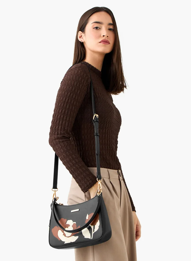 سيليست Floral Detail Shoulder Bag with Detachable Strap and Zip Closure
