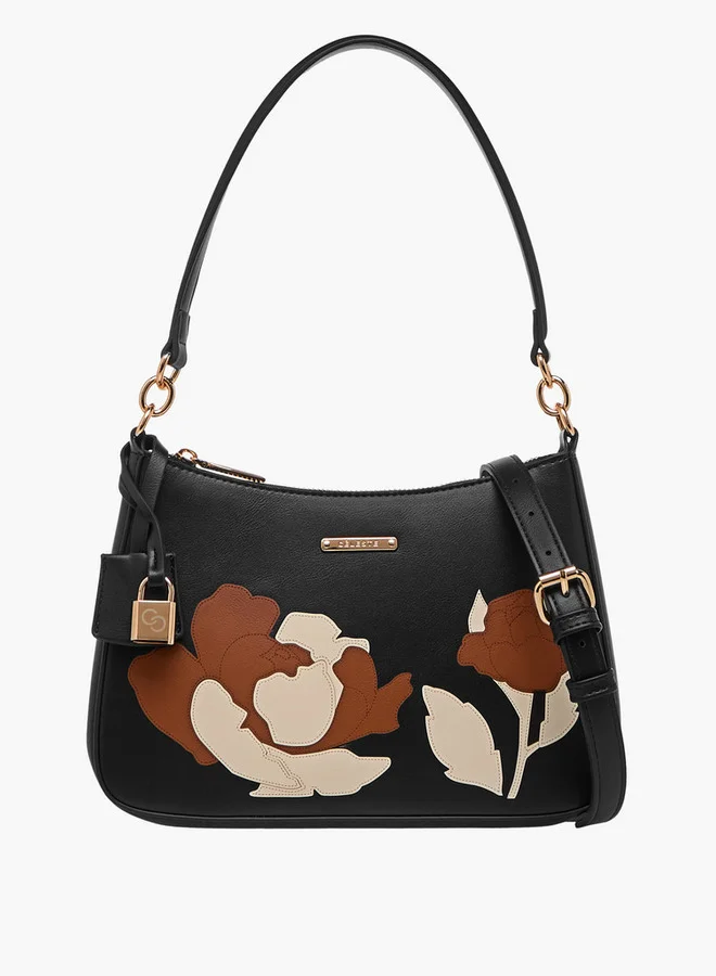 سيليست Floral Detail Shoulder Bag with Detachable Strap and Zip Closure