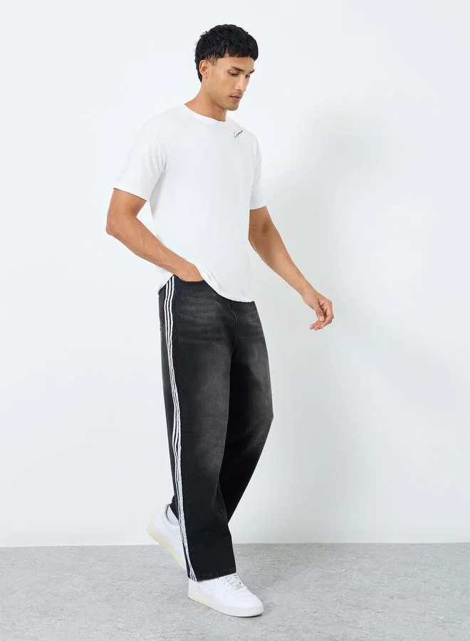 ستايلي Styli Mid Rise Loose Fit Jeans with Side Taping