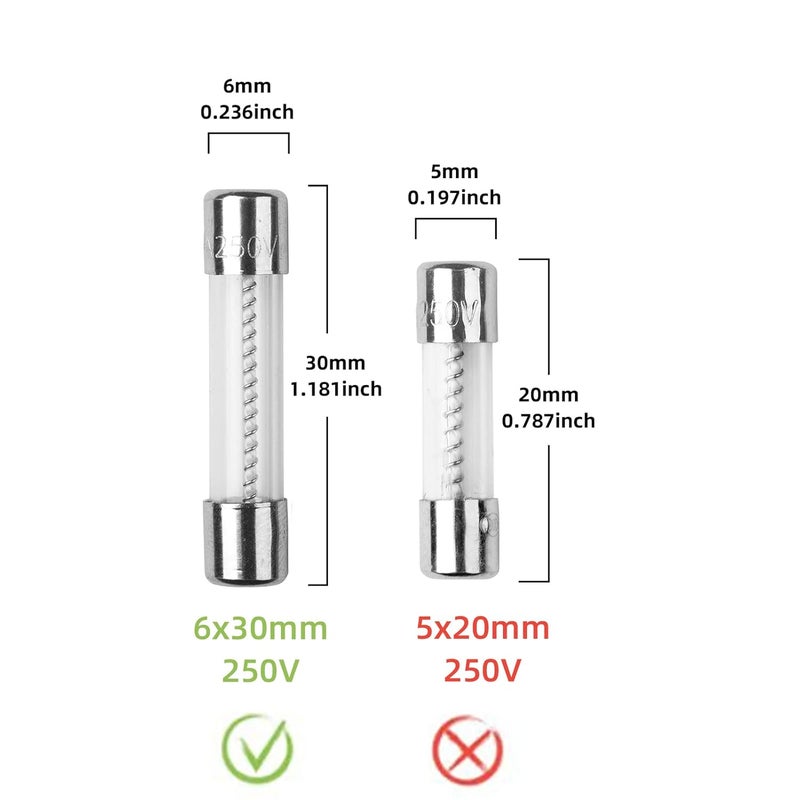 COMPSTUDIO 10Pcs T20AL250V 6x30mm 20A 250V Slow Blow Fuse T20AL Glass Slow-Acting 20 Amp Time-delay Fuse - Image 3
