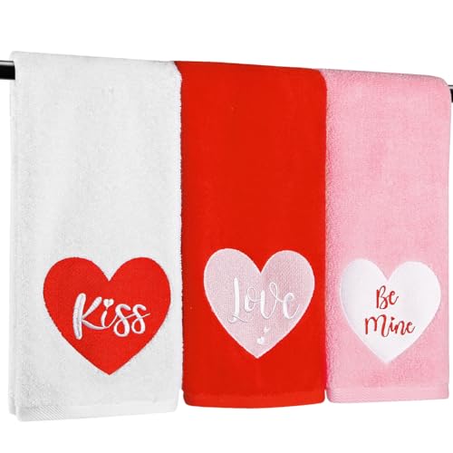 Quera 3 Pack Valentine's Day Hand Towels Kiss Love Be Mine 100 Percent Cotton Embroidered Premium Luxury Decor Bathroom Decorative Dish Set for Drying, Cleaning, Cooking, 13.7 "X 29.5" - Image 1