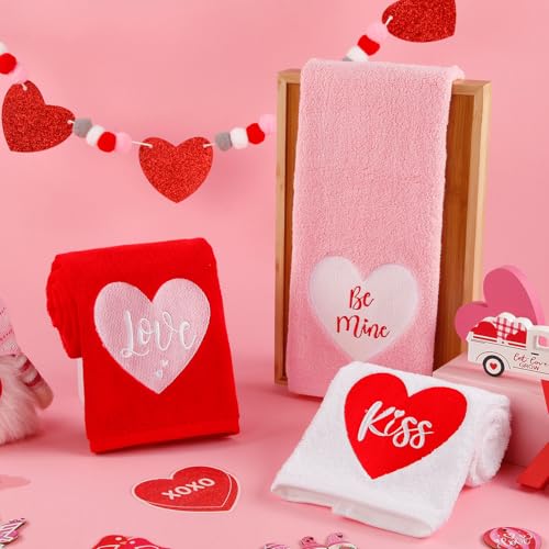 Quera 3 Pack Valentine's Day Hand Towels Kiss Love Be Mine 100 Percent Cotton Embroidered Premium Luxury Decor Bathroom Decorative Dish Set for Drying, Cleaning, Cooking, 13.7 "X 29.5" - Image 4