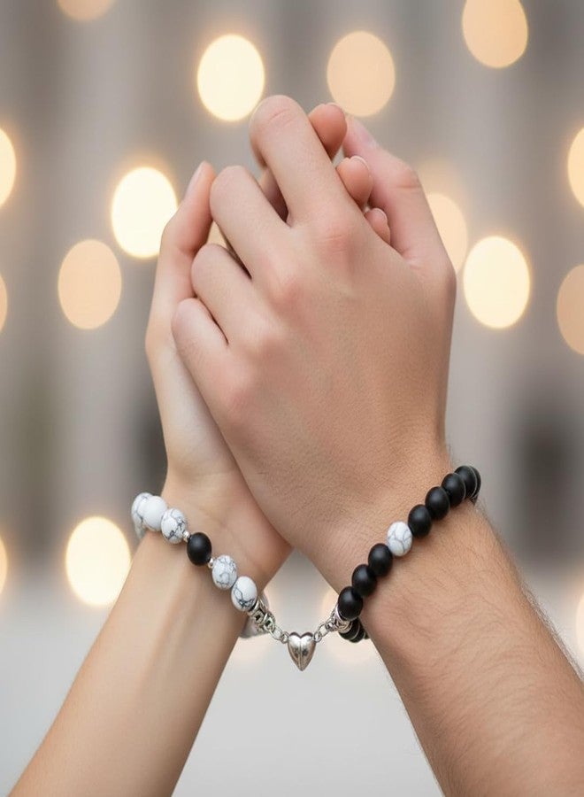 KHUSHA CREATIONS Magnetic Couple Bracelet & Hug Rings Combo Set | Matching Black & White Beaded Relationship Bracelet + Adjustable Hug Rings for Couples | Valentine Anniversary Gift for Boyfriend Girlfriend - Image 5