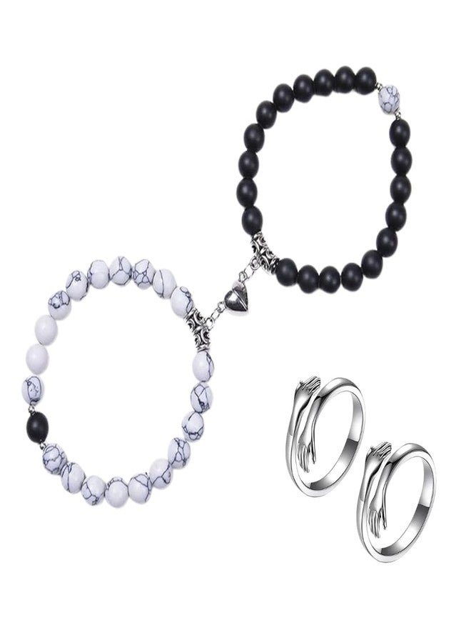 KHUSHA CREATIONS Magnetic Couple Bracelet & Hug Rings Combo Set | Matching Black & White Beaded Relationship Bracelet + Adjustable Hug Rings for Couples | Valentine Anniversary Gift for Boyfriend Girlfriend - Image 1