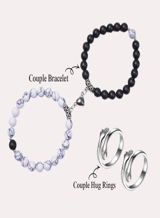 KHUSHA CREATIONS Magnetic Couple Bracelet & Hug Rings Combo Set | Matching Black & White Beaded Relationship Bracelet + Adjustable Hug Rings for Couples | Valentine Anniversary Gift for Boyfriend Girlfriend - Image 3