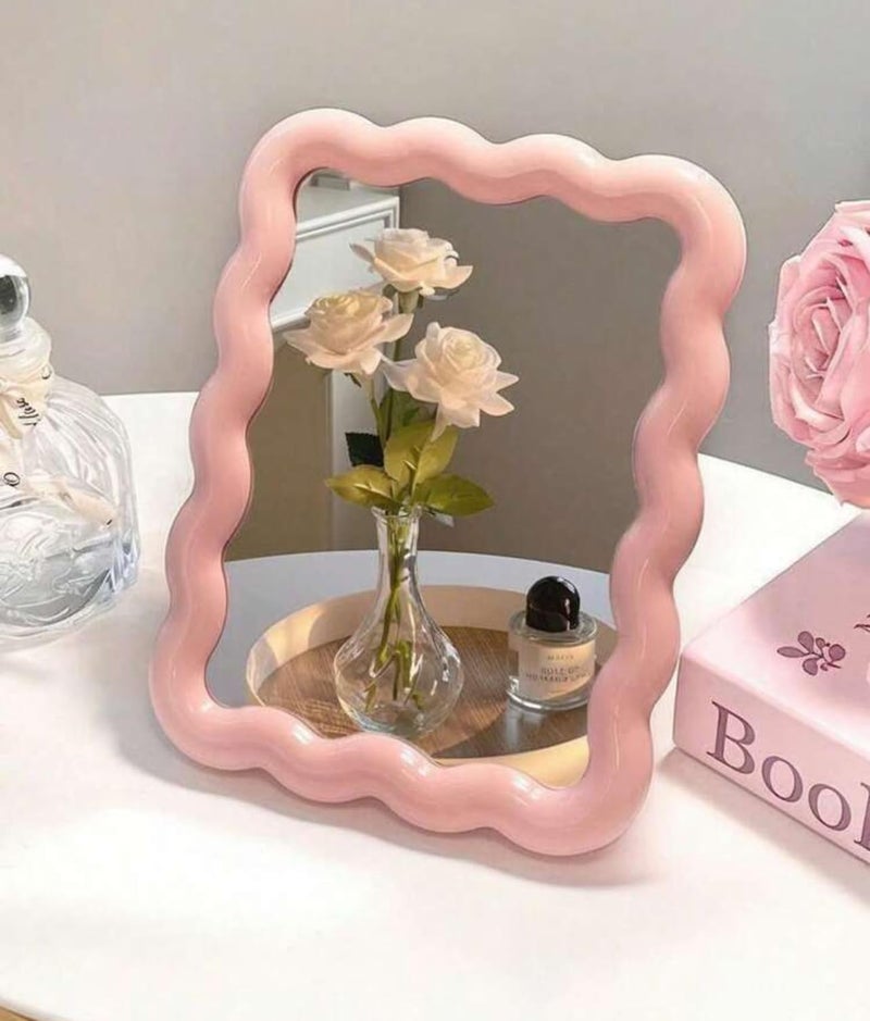 Makeup Mirror, Wavy Design, Tabletop and Wall-Mounted Suitable for Vanity, Makeup Bedroom Makeup accessories, Vanity Mirror,Makeup Tools, Travel Essential, Giveaways Pink - Image 1