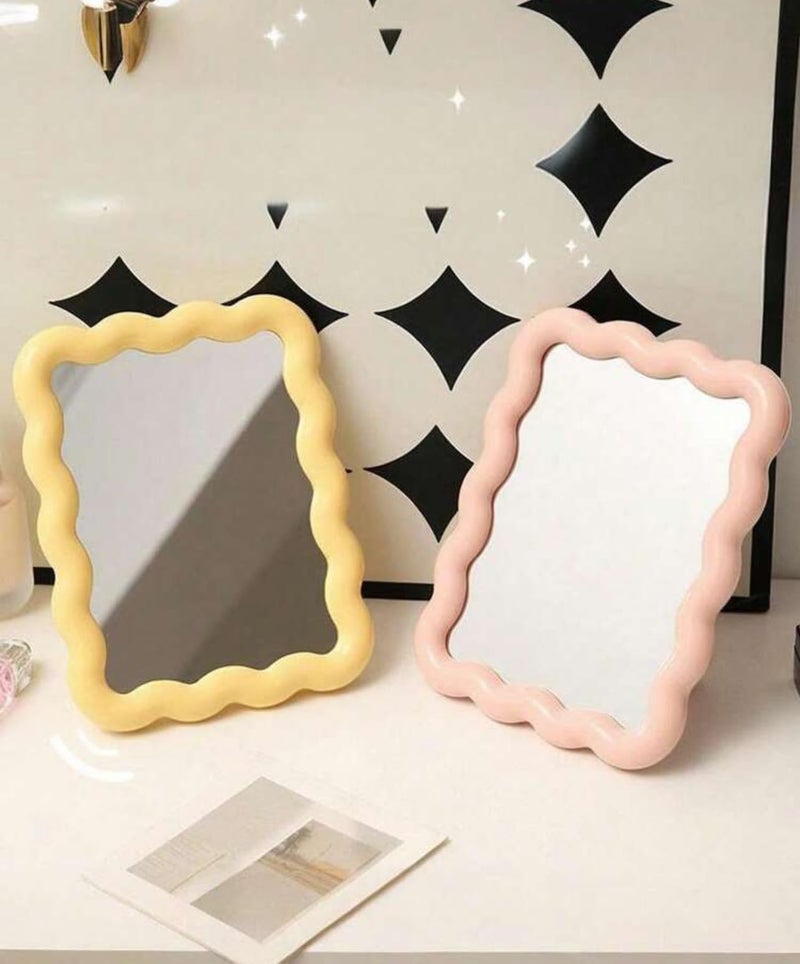 Makeup Mirror, Wavy Design, Tabletop and Wall-Mounted Suitable for Vanity, Makeup Bedroom Makeup accessories, Vanity Mirror,Makeup Tools, Travel Essential, Giveaways Pink - Image 3