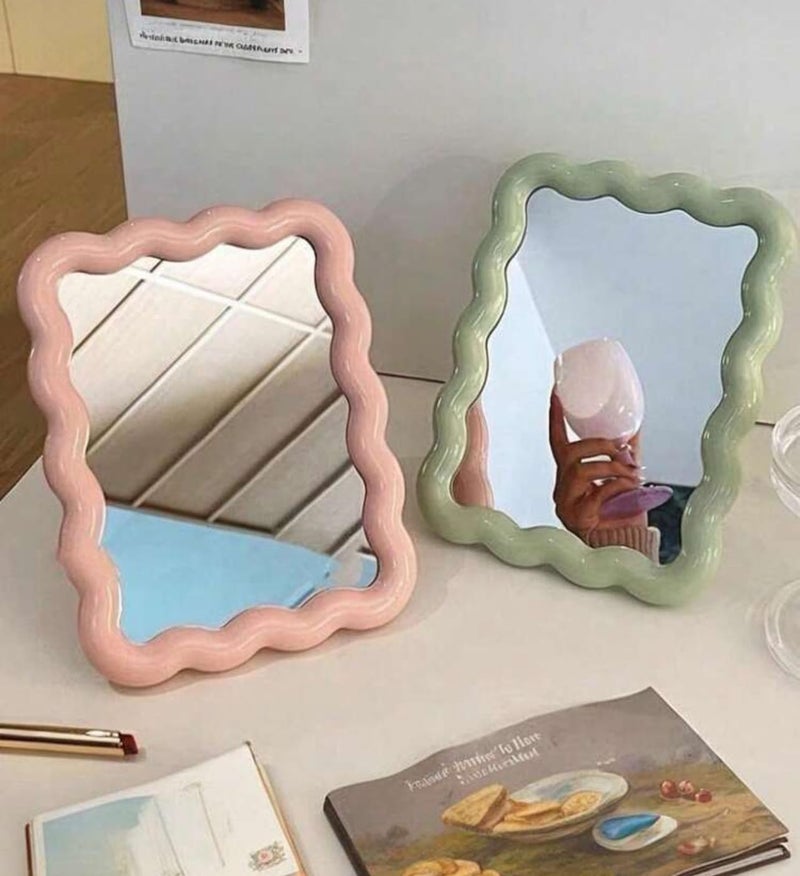 Makeup Mirror, Wavy Design, Tabletop and Wall-Mounted Suitable for Vanity, Makeup Bedroom Makeup accessories, Vanity Mirror,Makeup Tools, Travel Essential, Giveaways Pink - Image 2