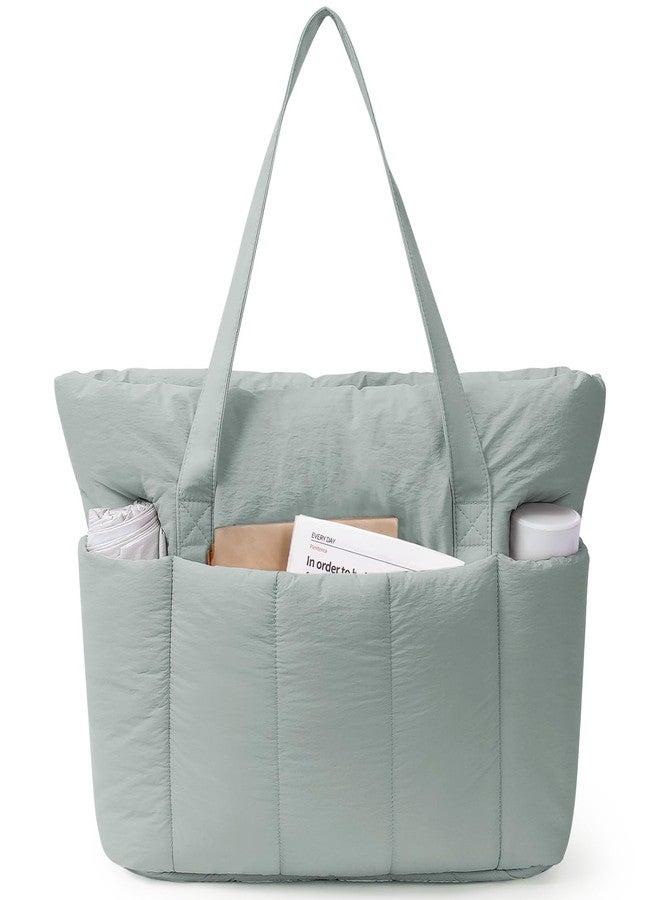Narwey Puffer Travel Tote Bag for Women Work with Laptop Compartment, Puffy Tote Bags for Carry on, College, Gym, Sage Green, Large - Image 1