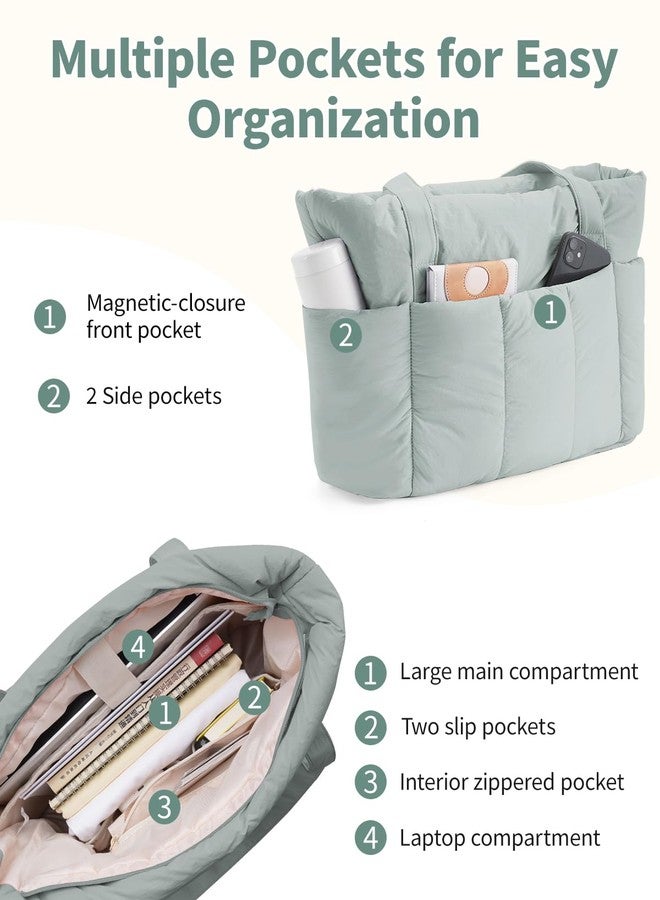 Narwey Puffer Travel Tote Bag for Women Work with Laptop Compartment, Puffy Tote Bags for Carry on, College, Gym, Sage Green, Large - Image 4