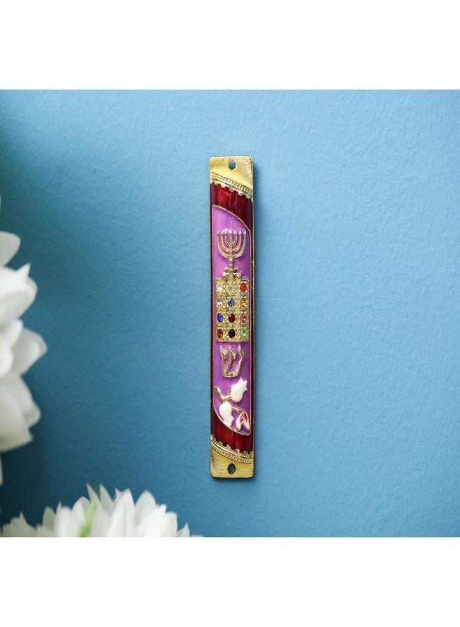 Matashi Hand Painted Enamel Mezuzah Embellished w/Menorah, Priestly Breastplate - Image 4