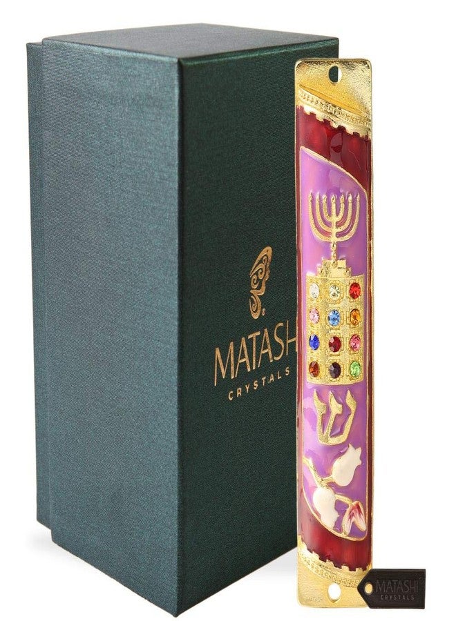 Matashi Hand Painted Enamel Mezuzah Embellished w/Menorah, Priestly Breastplate - Image 1