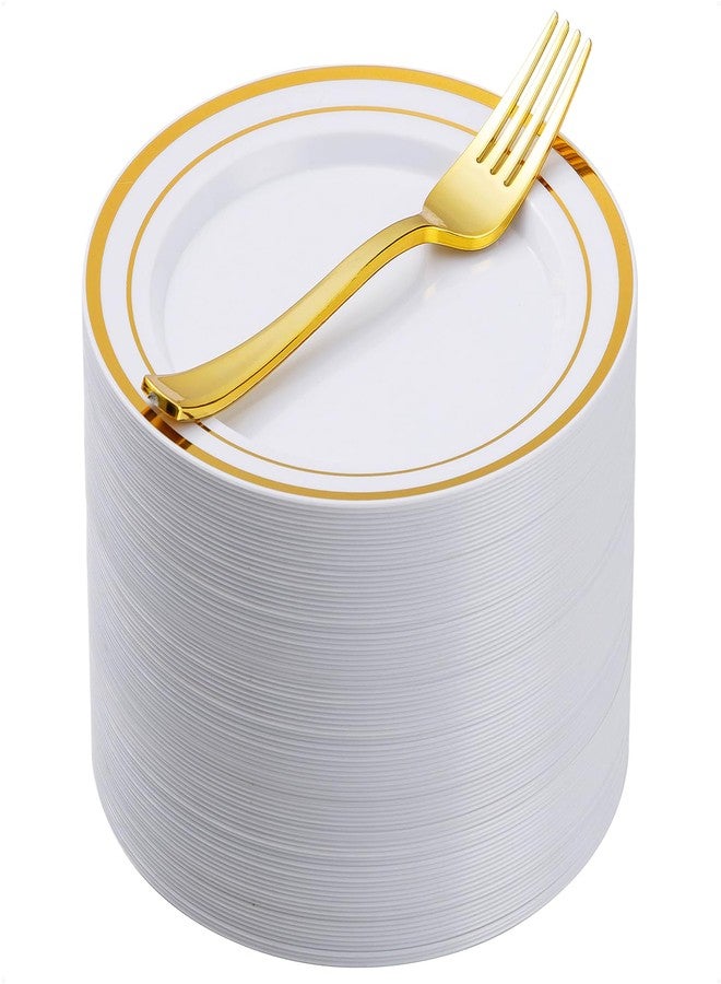 Goodluck 240 Pieces Gold Plastic Dessert Plates with Plastic Forks, Disposable Salad Plates for 120 Guests, Plastic Plates for Party, Including 120 7" Plastic Plates and 120 7.4" Plastic Forks - Image 1