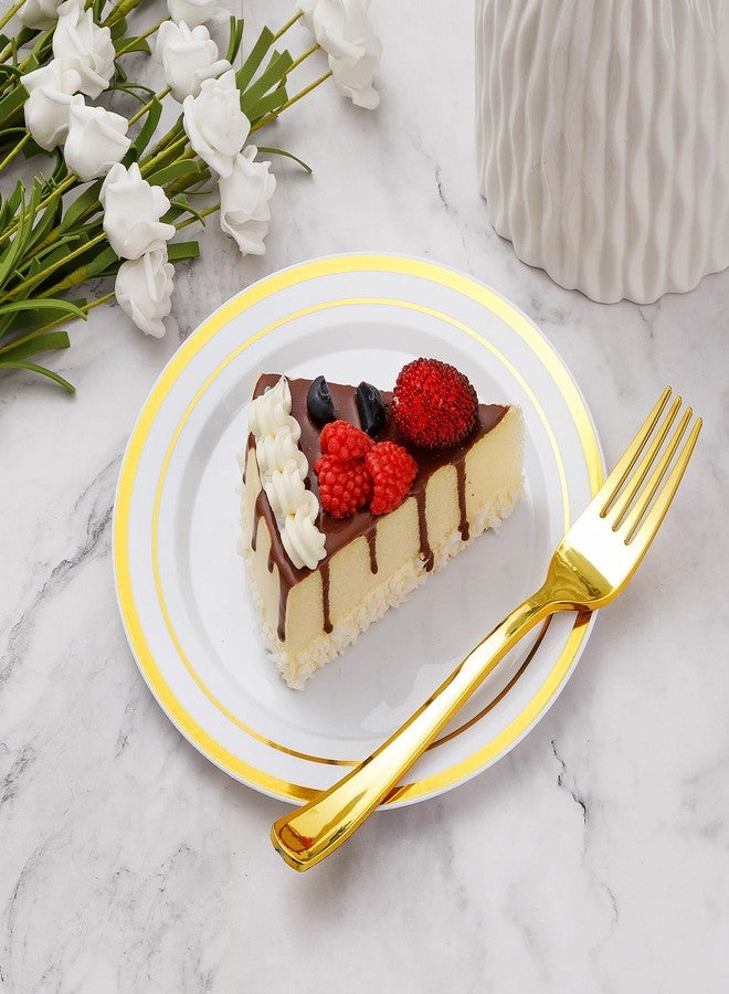 Goodluck 240 Pieces Gold Plastic Dessert Plates with Plastic Forks, Disposable Salad Plates for 120 Guests, Plastic Plates for Party, Including 120 7" Plastic Plates and 120 7.4" Plastic Forks - Image 2