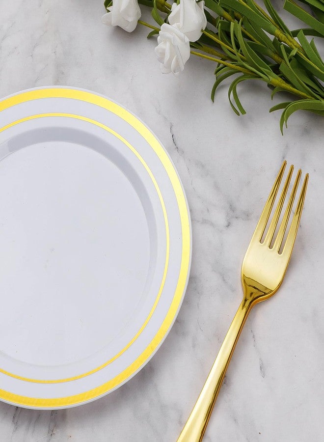 Goodluck 240 Pieces Gold Plastic Dessert Plates with Plastic Forks, Disposable Salad Plates for 120 Guests, Plastic Plates for Party, Including 120 7" Plastic Plates and 120 7.4" Plastic Forks - Image 5