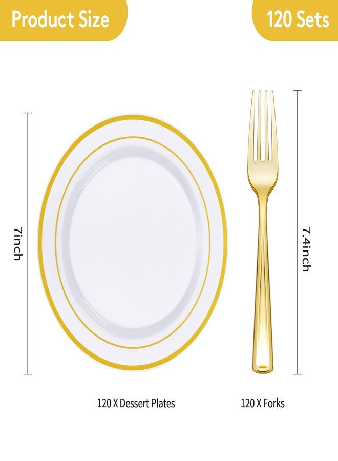 Goodluck 240 Pieces Gold Plastic Dessert Plates with Plastic Forks, Disposable Salad Plates for 120 Guests, Plastic Plates for Party, Including 120 7" Plastic Plates and 120 7.4" Plastic Forks - Image 4
