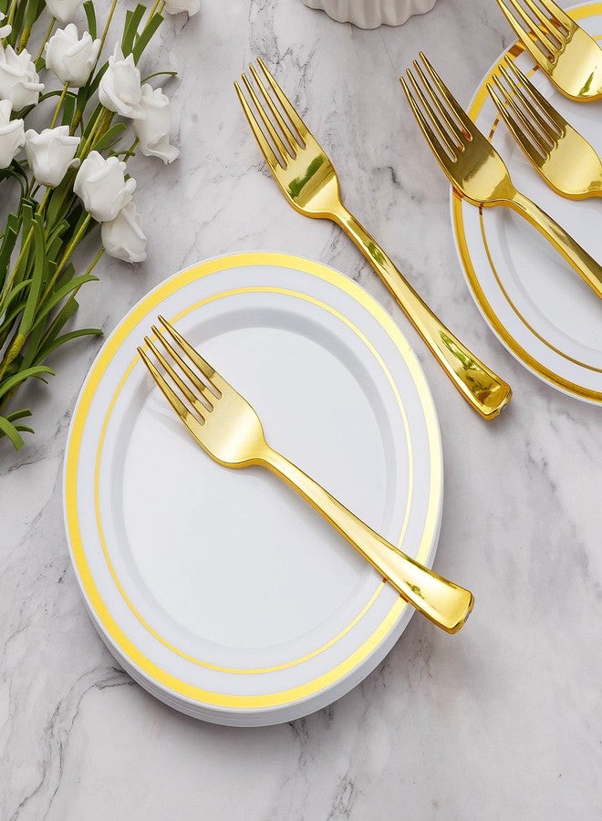 Goodluck 240 Pieces Gold Plastic Dessert Plates with Plastic Forks, Disposable Salad Plates for 120 Guests, Plastic Plates for Party, Including 120 7" Plastic Plates and 120 7.4" Plastic Forks - Image 3