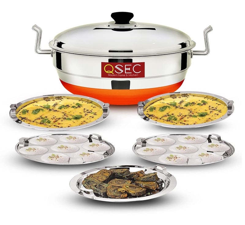 QSEC QE-5G Stainless Steel Idli Cooker Multi Kadai Steamer with Copper Bottom All-in-One Big Size 5 Plate 2 Idli | 2 Dhokla | 1 Patra | Momo's | 3 in 1 | 285 mm Dia. - Image 1
