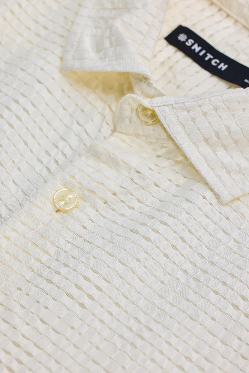 SNITCH Off White Textured Slim Fit Shirt