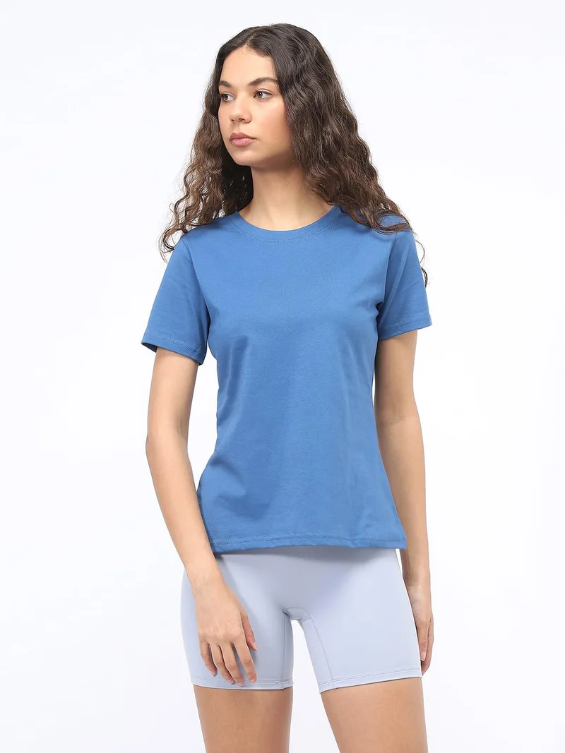 نوبيرو Solid Blue Regular Fit T-Shirt for Women